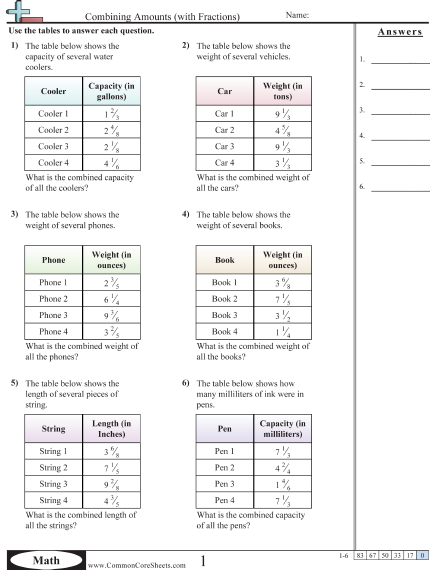 Combining Amounts Worksheet - Combining Amounts (with Fractions)  worksheet